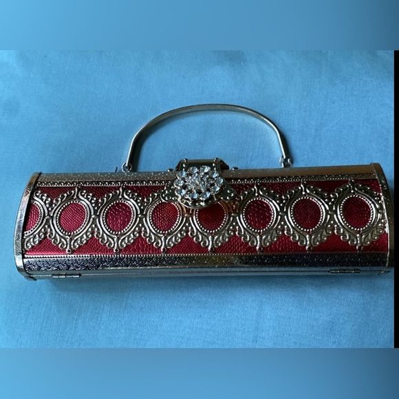 New handheld cylinder shape metal red embellished clutch  bag